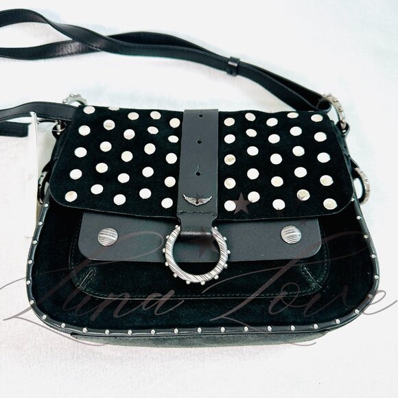 ZADIG & VOLTAIRE Kate Moss Studded Suede Crossbody/Shoulder Bag In Black NWT - Picture 6 of 13